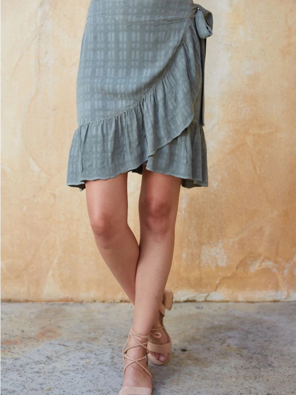 Maven West Sage Green Ruffled Wrap Mini Skirt